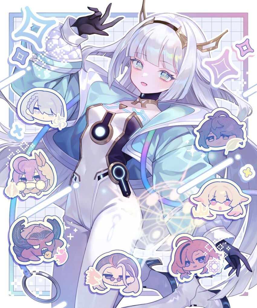 1girl, aqua_eyes, aqua_jacket, black_gloves, black_hairband, blunt_ends, bodysuit, breasts, covered_navel, cropped_jacket, dreizehn_(shadowverse), eudie_(shadowverse), gloves, grey_hair, hairband, highres, jacket, long_hair, long_sleeves, looking_at_viewer, open_clothes, open_jacket, parted_lips, shadowverse, shadowverse:_worlds_beyond, small_breasts, solo_focus, trrp7, white_bodysuit