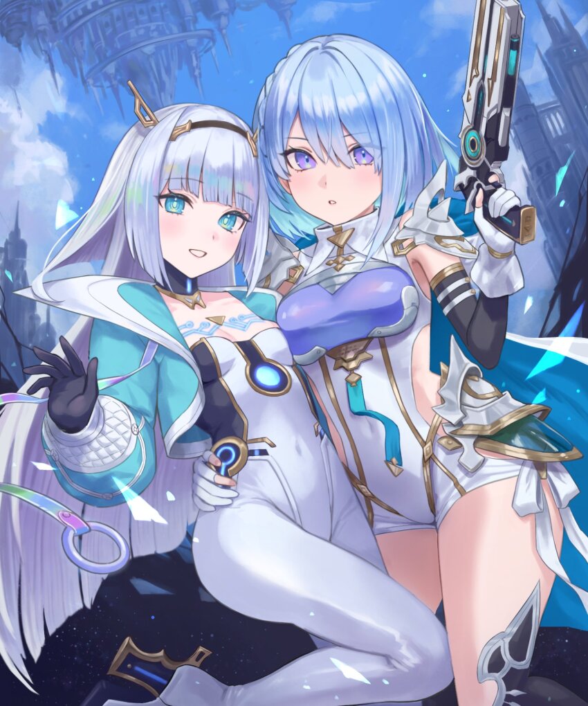 2girls, aqua_jacket, black_gloves, black_hairband, black_sleeves, blue_eyes, blue_hair, blunt_ends