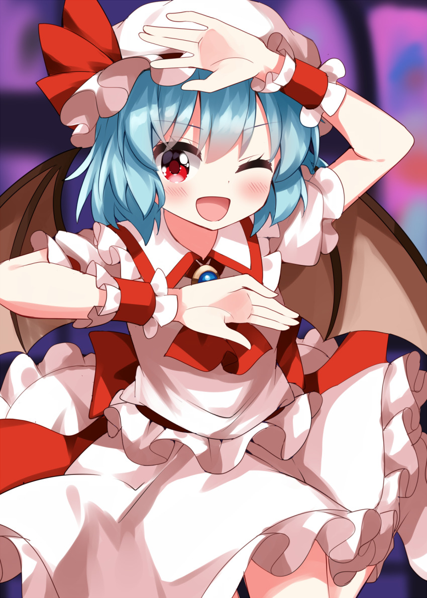 1girl, ;d, arm_up, ascot, bat_wings, blurry, blurry_background, brown_wings, commentary_request, cowboy_shot, frilled_skirt, frilled_sleeves, frills, grey_hair, hand_up, hat, hat_ribbon, highres, internet_overdose, looking_at_viewer, mob_cap, needy_girl_overdose, one_eye_closed, open_mouth, para_para, parody, pose_imitation, red_ascot, red_eyes, red_ribbon, remilia_scarlet, ribbon, ruu_(tksymkw), shirt, short_hair, short_sleeves, skirt, smile, solo, split_mouth, touhou, white_hat, white_shirt, white_skirt, wings, wrist_cuffs
