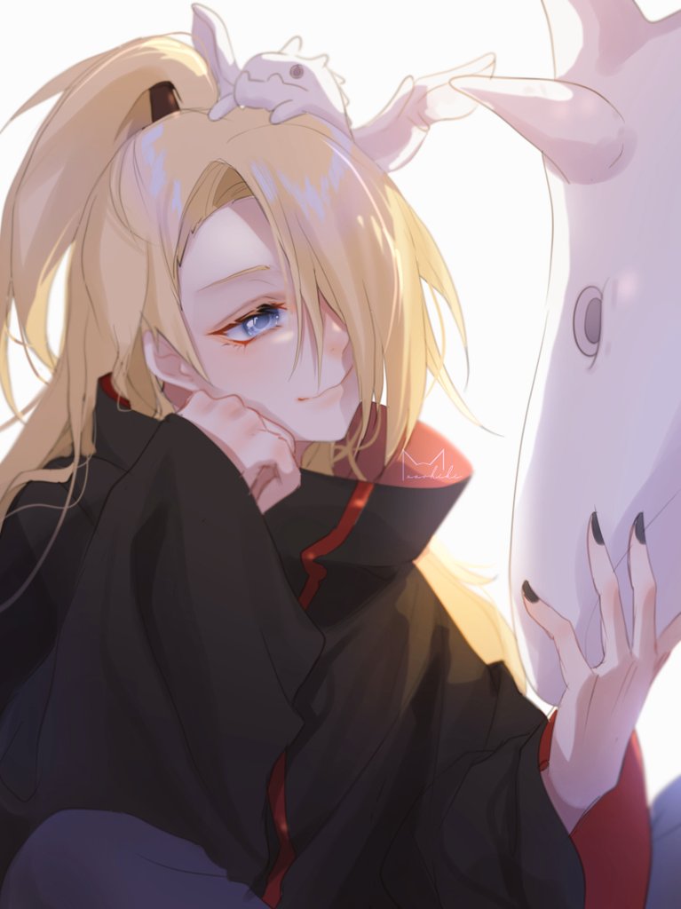 1boy, bishounen, black_coat, black_nails, blonde_hair, blue_eyes, closed_mouth, coat