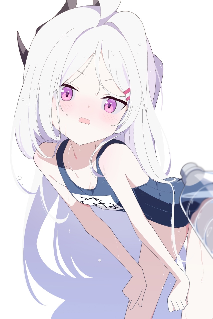 1girl, ahoge, asagisui, bare_arms, bare_legs, bare_shoulders, black_horns, blue_archive