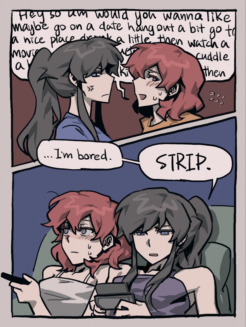 2girls, 2koma, annoyed, ari_(class_of_09), assertive_female, black_hair, bugs_bug_me, class_of_09, comic, english_text, highres, holding_controller, holding_remote_control, multiple_girls, nicole_(class_of_09), red_hair, remote_control, speech_bubble, thought_bubble, yuri