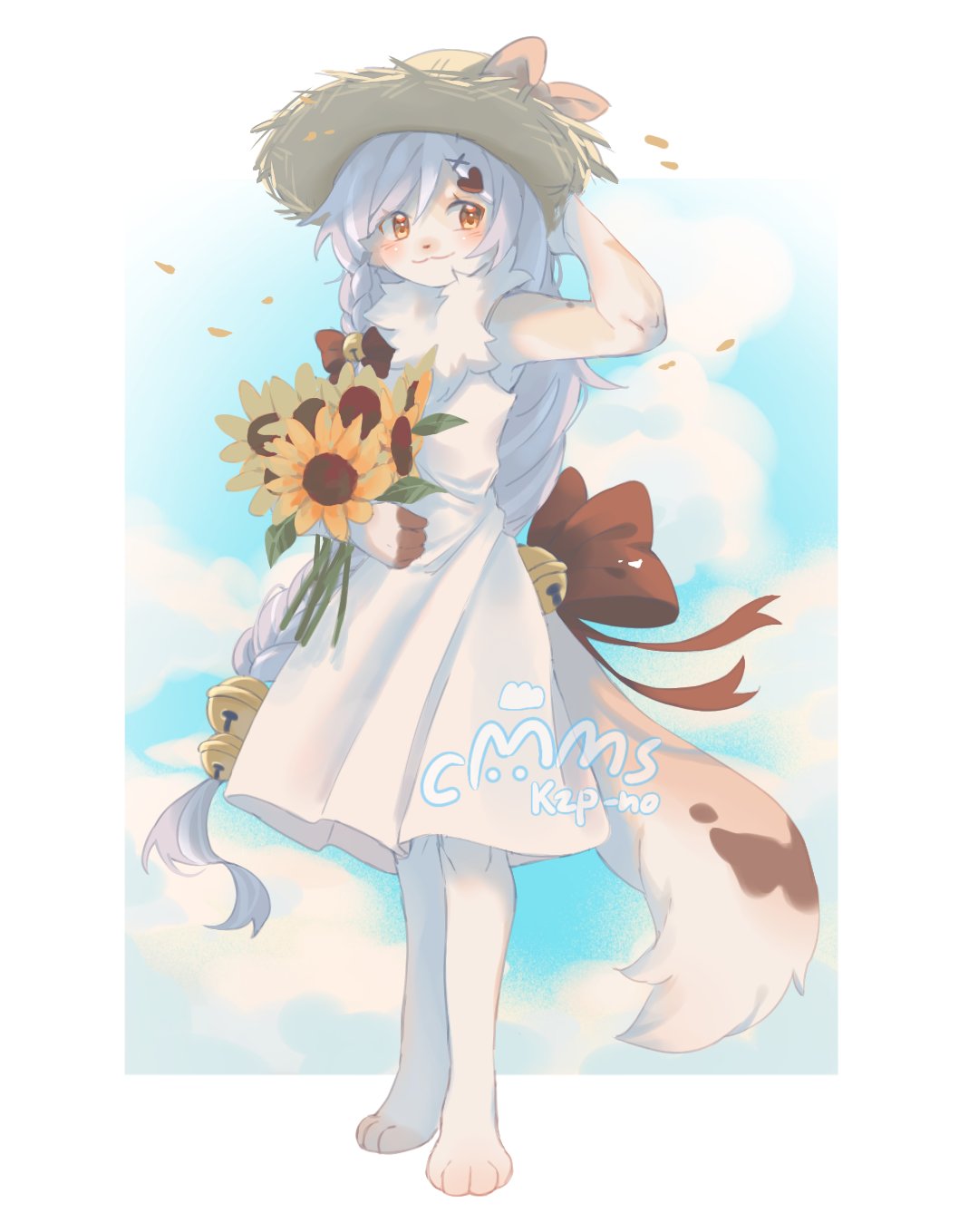 1girl, animal_feet, animal_hands, bell, border, bow, braid, calico_(pattern), cat_girl, cat_tail, cloud, commentary, commission, dilute_tortoiseshell, dress, floating_hair, flower, fluffy, full_body, furry, furry_female, hair_bell, hair_ornament, hat, highres, jingle_bell, long_hair, looking_at_viewer, neku_boo, original, red_bow, single_braid, solo, standing, straw_hat, sunflower, tail, tail_bell, tail_bow, tail_ornament, very_long_hair, watermark, white_border, white_dress, white_hair, yellow_background