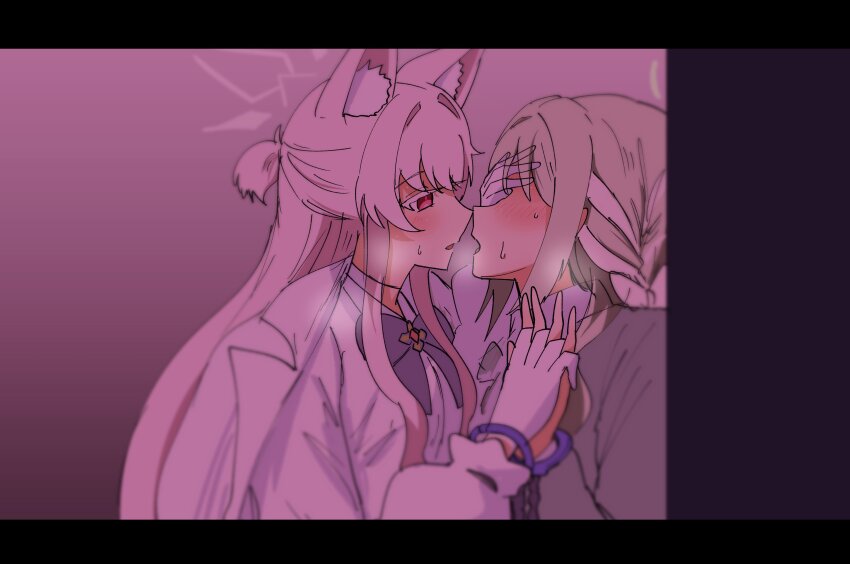 2girls, absurdres, akira_(blue_archive), animal_ears, blue_archive, blush, breasts, gloves