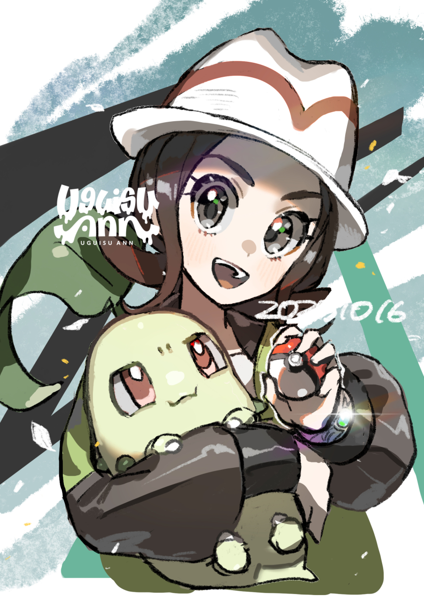 1girl, :d, bracelet, brown_hair, chikorita, commentary_request, eyelashes, gen_2_pokemon