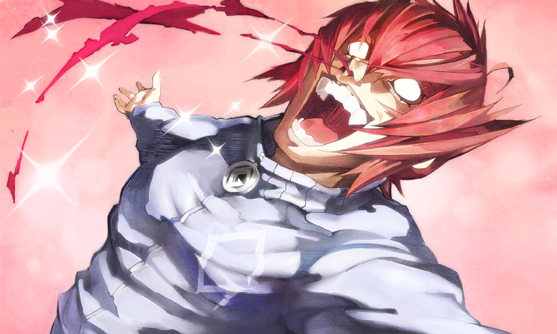 1boy, ahoge, banpai_akira, big_bang_beat, big_bang_beat_revolve, blank_eyes, blood, empty_eyes, ending, fangs, hotta_daigo, jacket, jersey, male_focus, nosebleed, official_art, red_hair, solo, sparkle, track_jacket