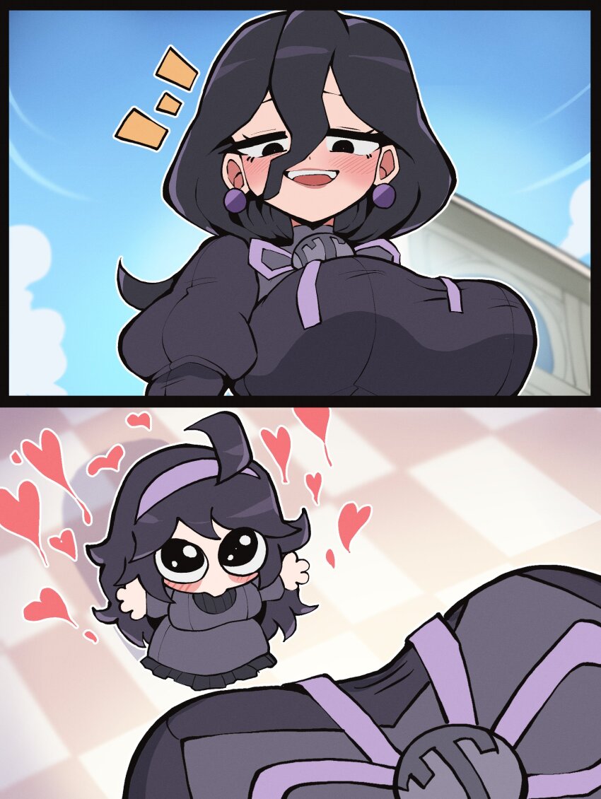 2girls, absurdres, black_dress, blush, breasts, chibi, dice_coffeedox, dress