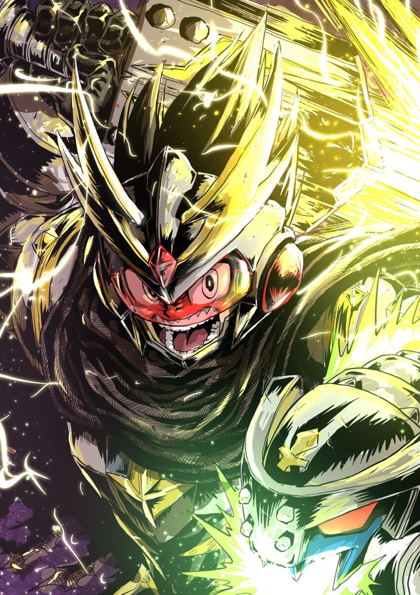 1boy, armor, assault_visor, cape, electricity, energy_sword, geo_stelar_(mega_man), highres