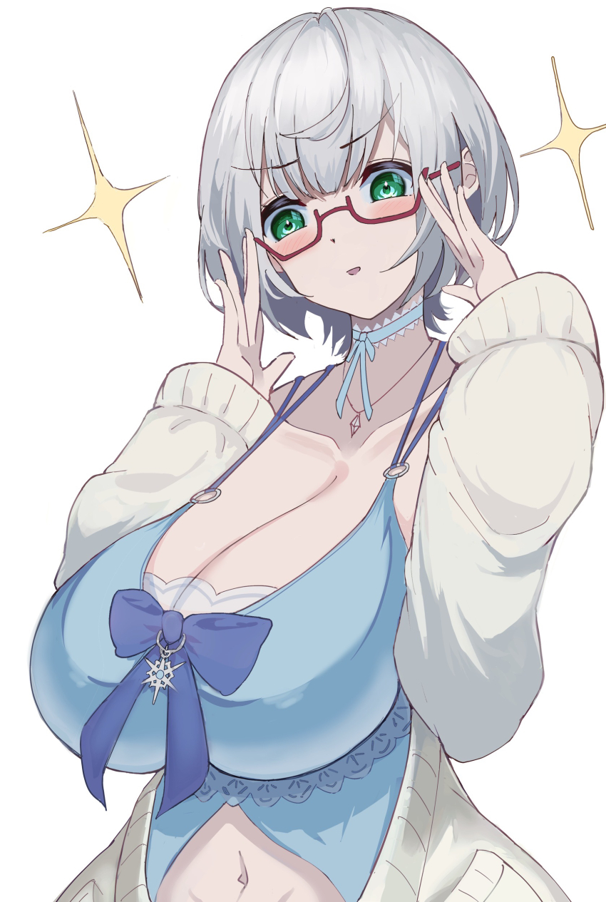 1girl, absurdres, adjusting_eyewear, aoi_yoru, babydoll, blue_babydoll, blue_bow, blush, bow, bow_babydoll, breasts, cardigan, cleavage, collarbone, glasses, green_eyes, grey_hair, hands_up, highres, hololive, huge_breasts, jewelry, long_sleeves, looking_at_viewer, navel, neck_ribbon, necklace, o-ring, open_cardigan, open_clothes, open_mouth, ribbon, shirogane_noel, shirogane_noel_(sleepwear), short_hair, simple_background, solo, upper_body, v-shaped_eyebrows, virtual_youtuber, white_background, white_cardigan, white_hair
