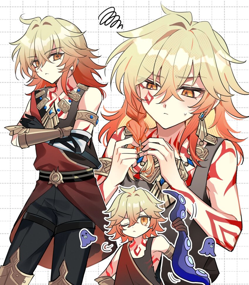 1boy, 4k10r1, :<, aged_down, arm_tattoo, armlet, black_pants, black_shirt, blonde_hair, braiding_hair, cheek_tattoo, chest_tattoo, closed_mouth, crossed_arms, earrings, gauntlets, gold_armlet, gold_earrings, gold_necklace, gradient_hair, grid_background, hair_between_eyes, hair_intakes, hairdressing, hands_in_own_hair, highres, holding_tentacle, honkai:_star_rail, honkai_(series), jewelry, long_hair, looking_at_viewer, male_focus, multicolored_hair, multiple_views, mydei_(a_trail_of_bygone_blood)_(honkai:_star_rail), mydei_(honkai:_star_rail), necklace, one_eye_closed, orange_hair, pants, red_shirt, red_tattoo, shirt, single_gauntlet, squiggle, tattoo, tentacles, white_background, yellow_eyes