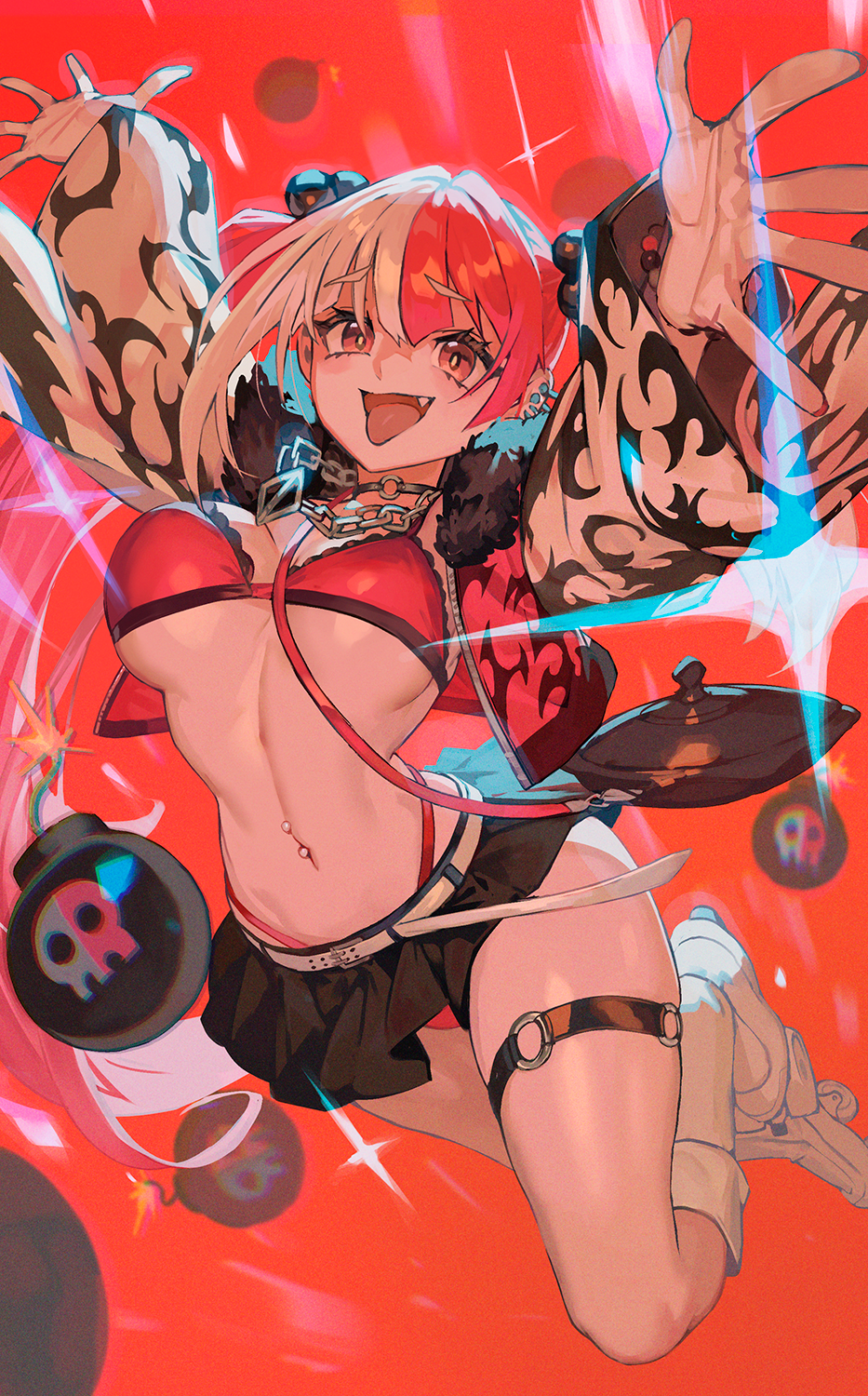 1girl, arms_up, belt, black_skirt, blush, bomb, bra, breasts