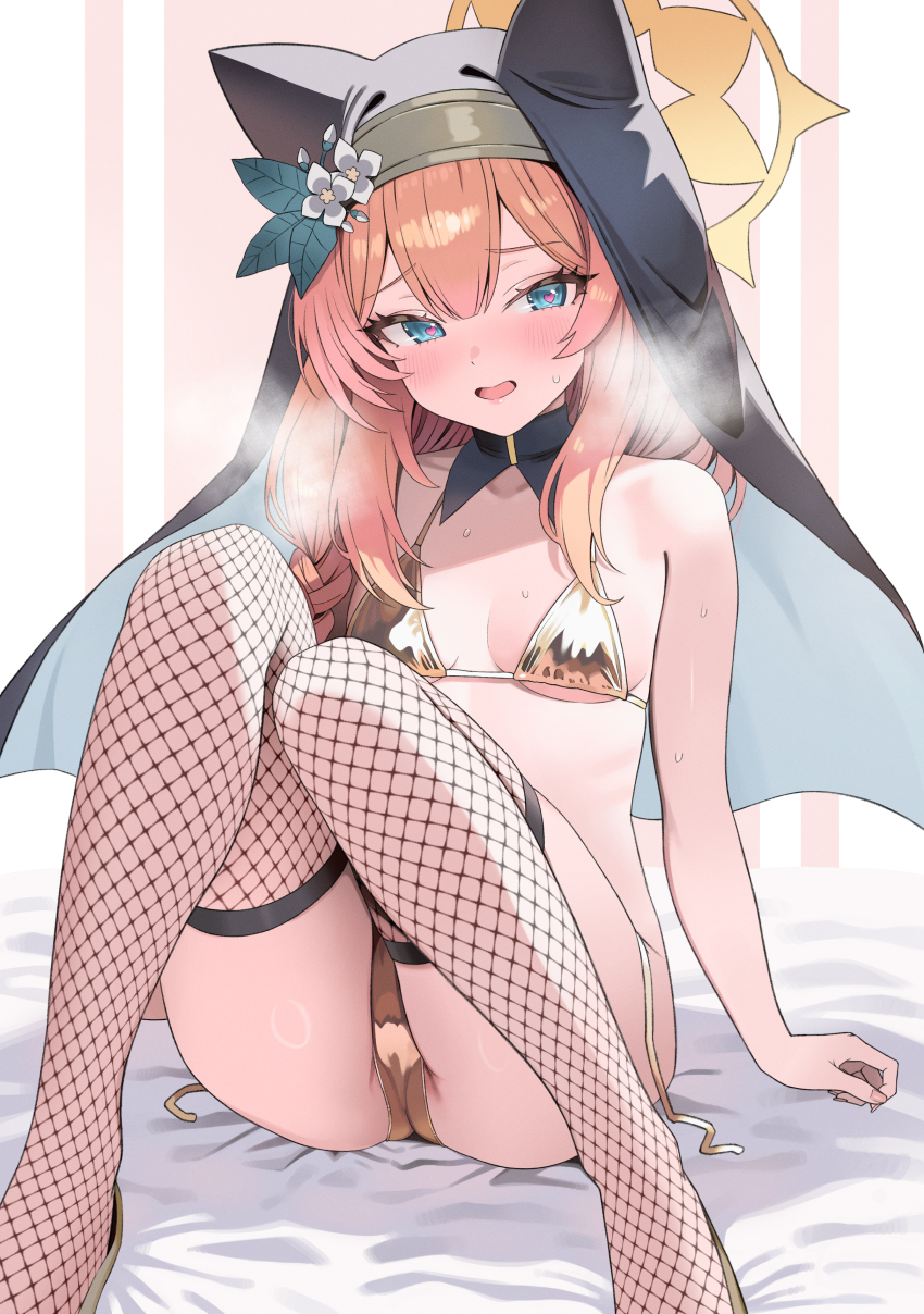 1girl, absurdres, alternate_costume, animal_ears, aqua_eyes, bed_sheet, bikini, black_veil, blue_archive, blush, breasts, cat_ears, cat_girl, commentary, ears_under_headwear, fishnet_thighhighs, fishnets, gold_bikini, hair_between_eyes, halo, heavy_breathing, hibi2scus, highres, knees_together_feet_apart, knees_up, long_hair, looking_at_viewer, mari_(blue_archive), on_bed, open_mouth, orange_hair, small_breasts, solo, swimsuit, thighhighs, thighs, veil, yellow_halo