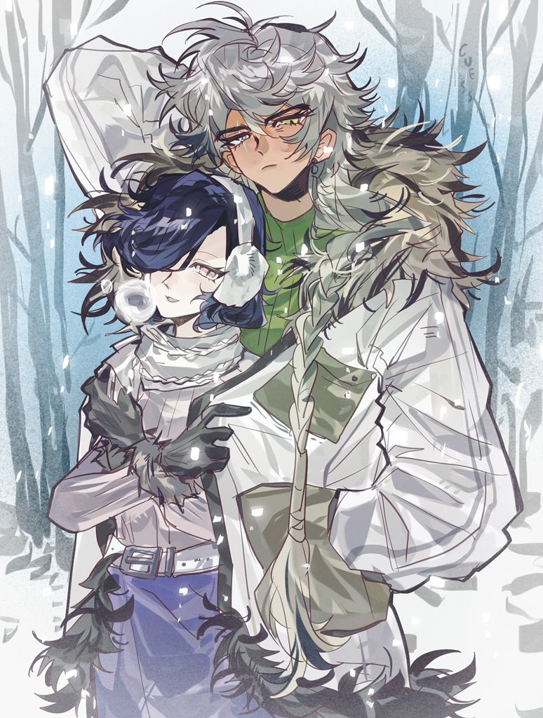 2girls, alternate_costume, argus_(reverse:1999), blue_hair, coat, dark-skinned_female, dark_skin, earmuffs