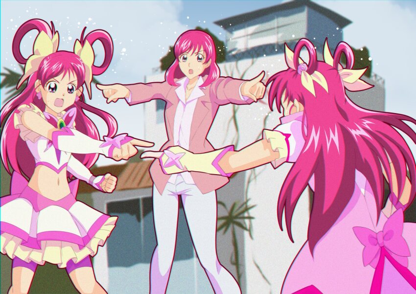 3girls, :o, arm_warmers, back_bow, bike_shorts, bike_shorts_under_skirt, blue_sky, blurry