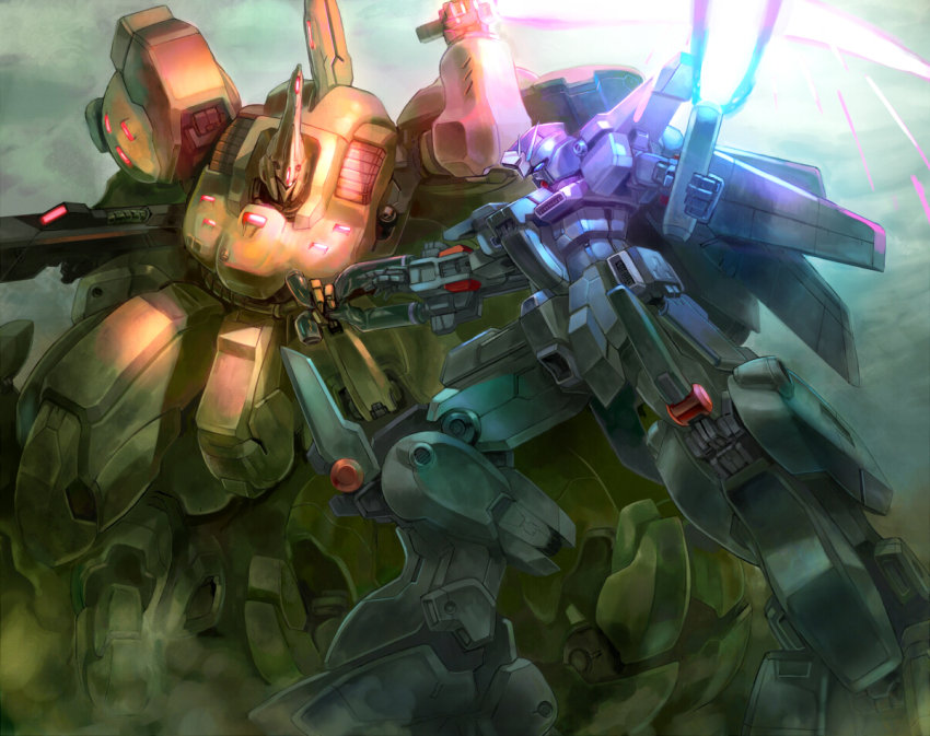beam_rifle, damaged, dust, energy_gun, energy_sword, gun, gundam, gundam_the_revival_of_zeon, no_humans, star_(ikaruga), sword, the_o_ii, weapon, zz_gundam
