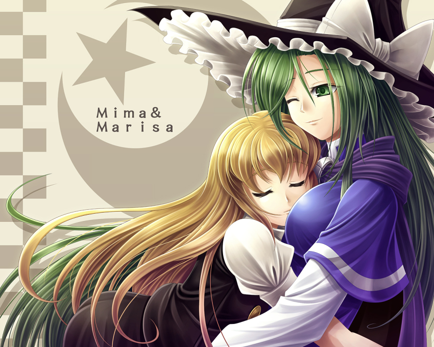 2girls, blonde_hair, breasts, closed_eyes, female_focus, green_eyes, green_hair, hat, hug, kirisame_marisa, koto_tsubane, light_smile, long_hair, mima_(touhou), multiple_girls, smile, touhou, touhou_(pc-98), upper_body, very_long_hair, witch, witch_hat