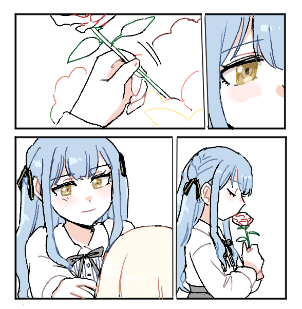 2girls, bang_dream!, bang_dream!_it's_mygo!!!!!, black_ribbon, blonde_hair, blue_hair, closed_eyes, commentary, flower, hair_ribbon, holding, holding_flower, kissing_flower, misumi_uika, multiple_girls, penguinbu, red_flower, red_rose, ribbon, rose, untranslatable_commentary, togawa_sakiko, two_side_up, yellow_eyes