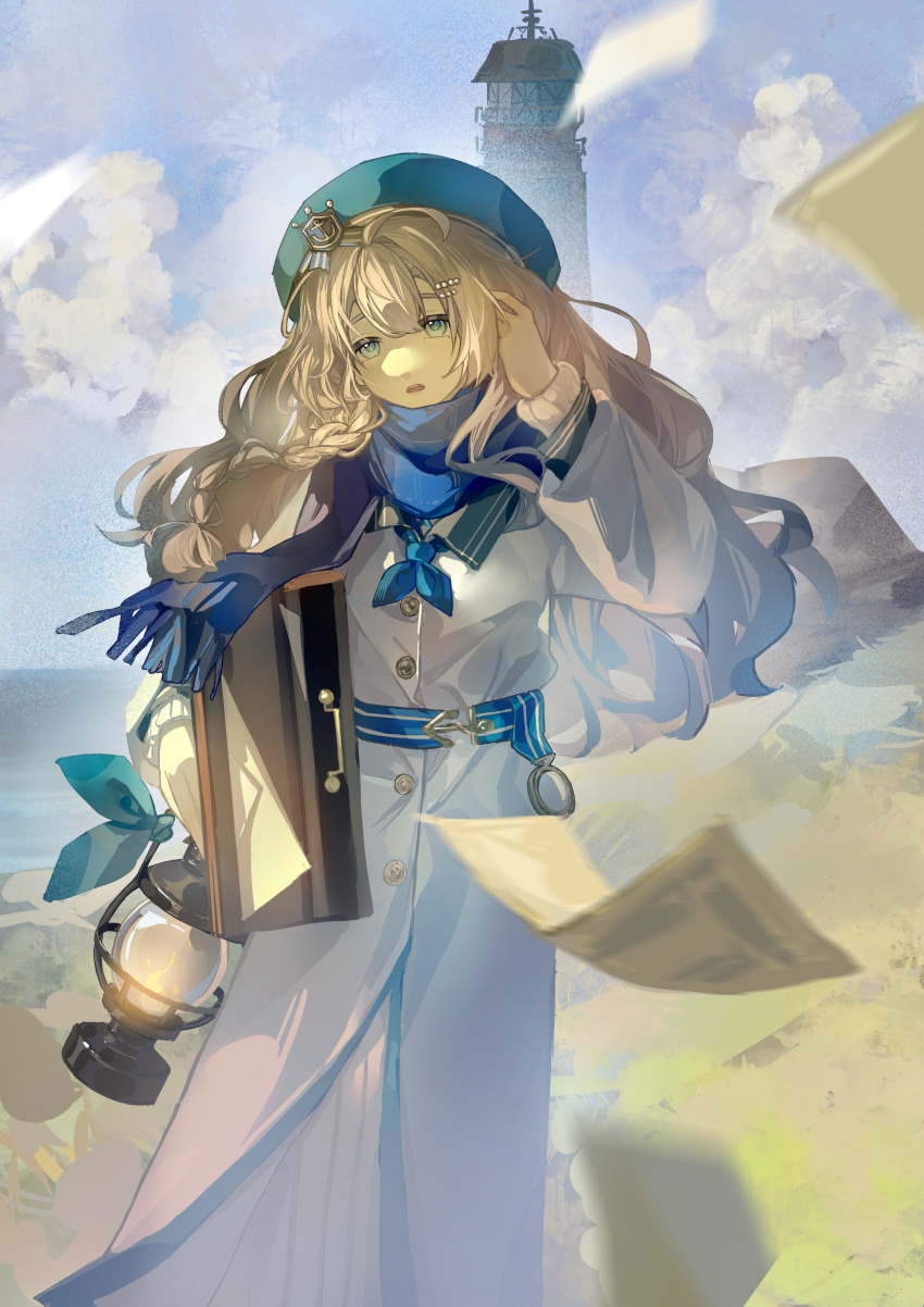 1girl, absurdres, adjusting_hair, anchor_hat_ornament, beret, blue_eyes, blue_hat, blue_neckerchief, blue_scarf, blue_sky, brown_hair, chelizi_(weibo_5986313927), cloud, cloudy_sky, cowboy_shot, day, dress, flying_paper, hand_in_own_hair, hand_up, hat, hat_ornament, highres, hill, holding, holding_lantern, holding_suitcase, lantern, lighthouse, long_hair, marcus_(reverse:1999), neckerchief, open_mouth, outdoors, paper, procreate_(medium), reverse:1999, scarf, sky, solo, suitcase, white_dress