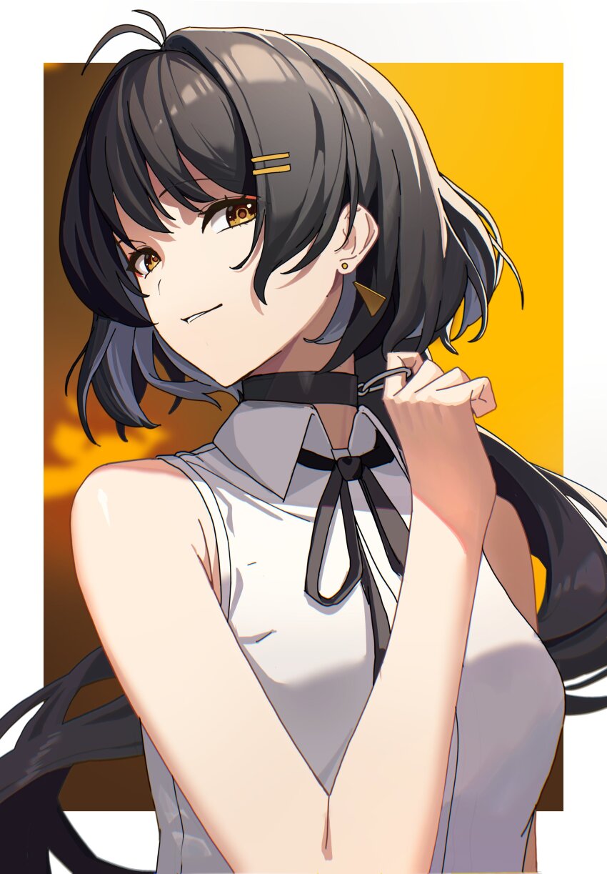 1girl, absurdres, ashamutoki, black_choker, black_hair, black_ribbon, border, breasts