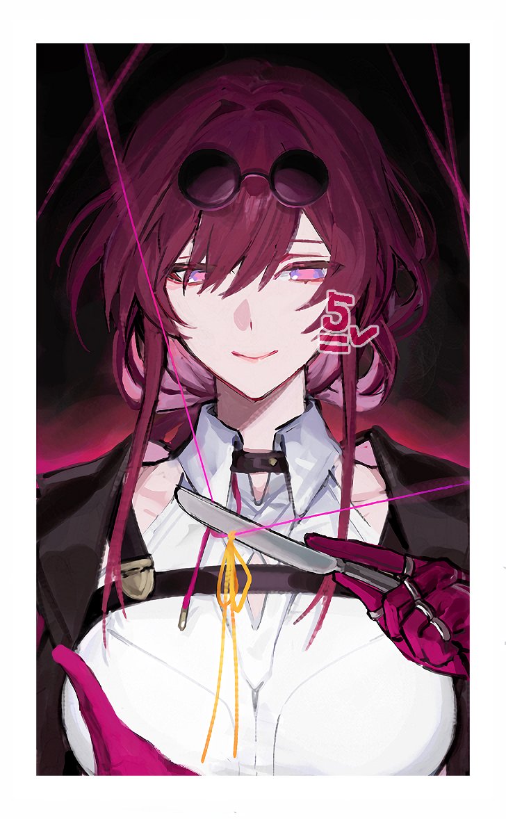 1girl, black-framed_eyewear, black_background, black_choker, black_jacket, border, breasts, choker