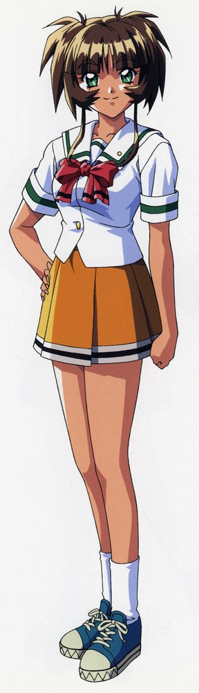 1990s_(style), 1girl, bow, brown_hair, female_focus, full_body, green_eyes, hand_on_own_hip