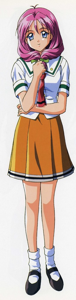 1990s_(style), 1girl, blue_eyes, bow, female_focus, front_ponytail, full_body, hair_ribbon, kokura_masashi, long_hair, necktie, official_art, orange_skirt, pink_hair, retro_artstyle, ribbon, scan, school_uniform, shirayuki_miho, shoes, skirt, smile, socks, solo, tokimeki_memorial, tokimeki_memorial_2
