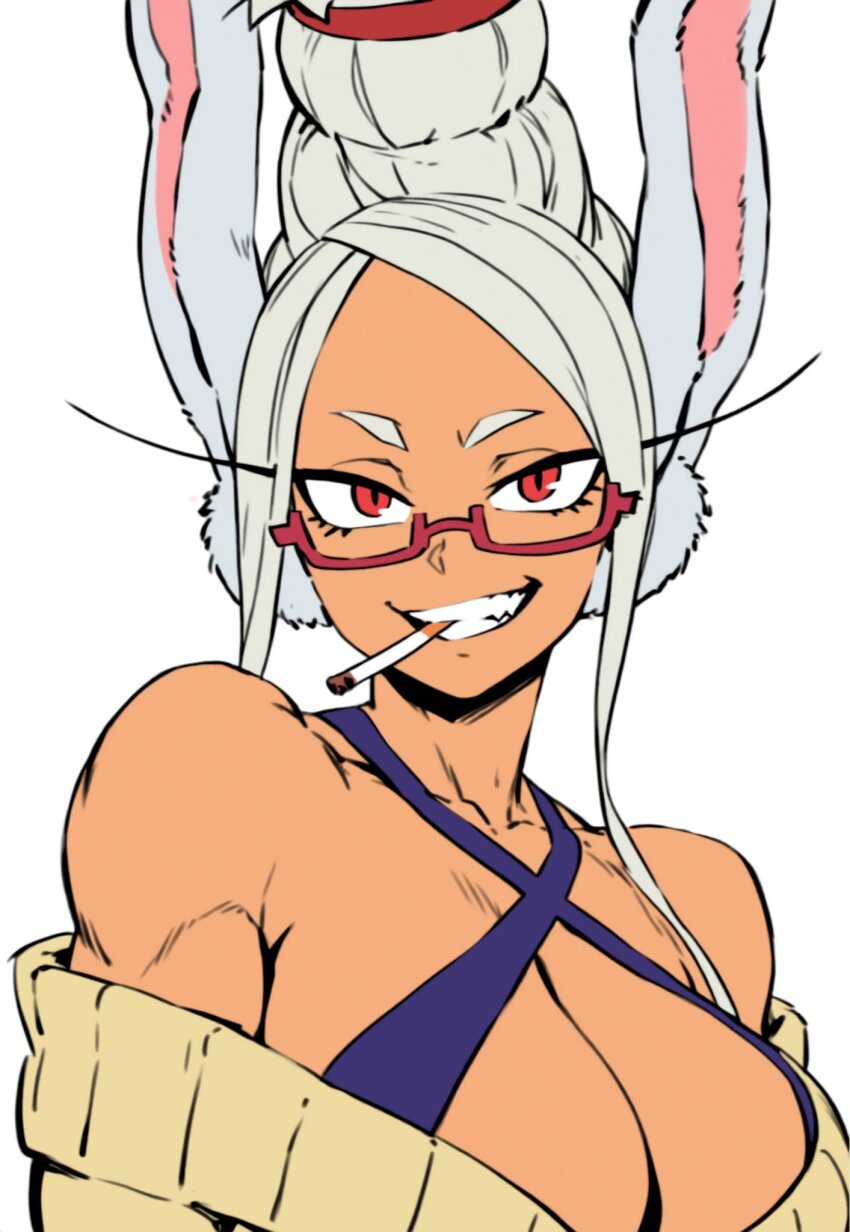 1girl, animal_ears, ayase_seiko, ayase_seiko_(cosplay), bare_shoulders, beehive_hairdo, boku_no_hero_academia, breasts, card, cigarette, cleavage, collarbone, commentary, cosplay, criss-cross_halter, dandadan, dark-skinned_female, dark_skin, english_commentary, glasses, grin, halterneck, highres, large_breasts, long_eyelashes, long_hair, looking_at_viewer, mirko, off-shoulder_cardigan, parallaxfused, parted_bangs, rabbit_ears, rabbit_girl, red-framed_eyewear, red_eyes, semi-rimless_eyewear, simple_background, smile, solo, tall_hair, toned, toned_female, upper_body, white_background, white_hair