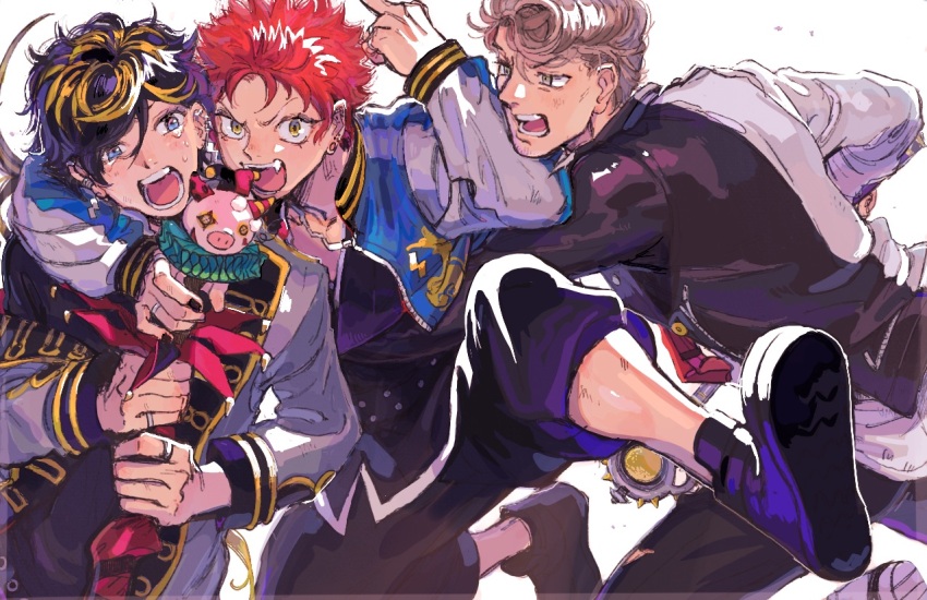 3boys, aimono_jyushi, amaguni_hitoya, arm_around_shoulder, bad_ass_temple, black_hair, black_jacket, black_nails