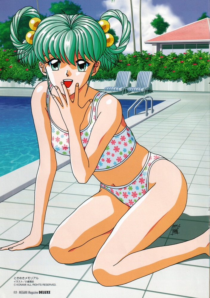 1990s_(style), 1girl, :d, bikini, chair, dated, day, female_focus, full_body, green_eyes, green_hair, hair_bobbles, hair_ornament, hair_rings, hand_on_own_face, happy, house, kneeling, kokura_masashi, matching_hair/eyes, official_art, open_mouth, pool, retro_artstyle, scan, short_hair, sky, smile, solo, summer, swimsuit, tatebayashi_miharu, tokimeki_memorial, tokimeki_memorial_1