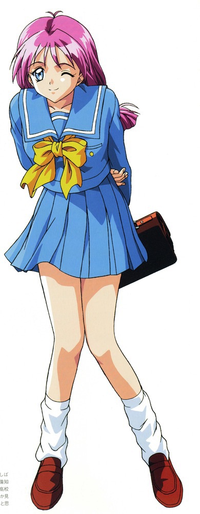 1990s_(style), 1girl, arms_behind_back, bag, blue_eyes, blue_skirt, bow, female_focus