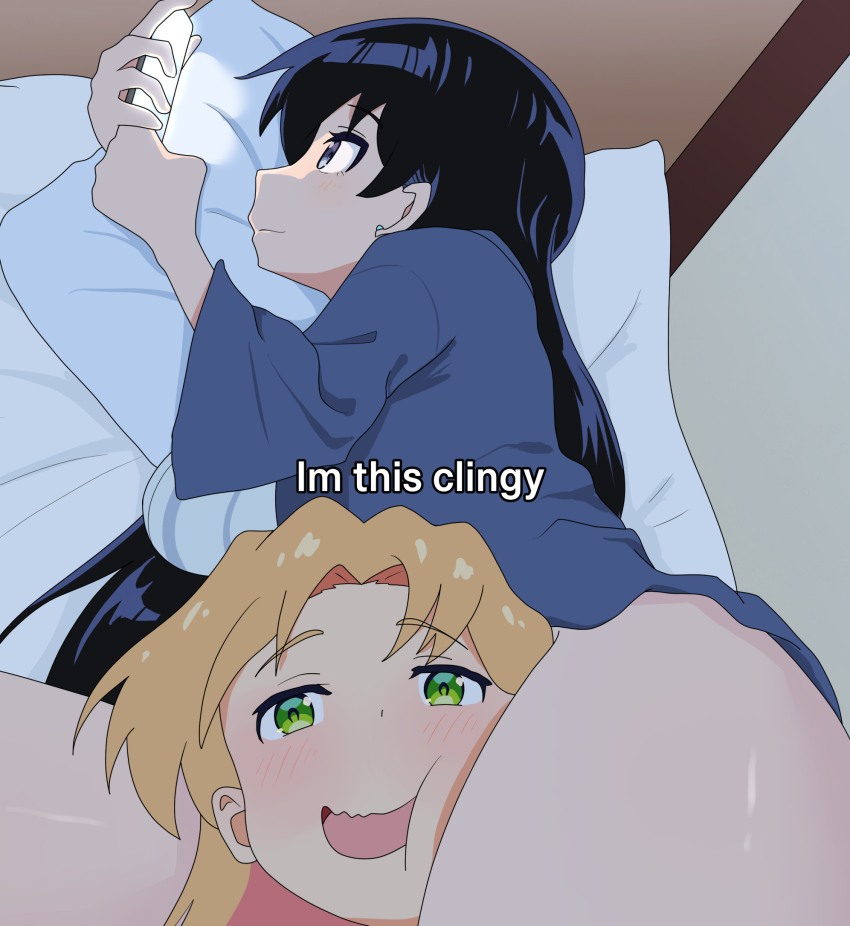2girls, age_difference, arato_nagi, black_hair, blonde_hair, blue_eyes, blush, dainaru, earrings, english_text, green_eyes, highres, holding, holding_phone, i'm_this_clingy_(meme), jewelry, long_hair, looking_at_viewer, meme, multiple_girls, on_bed, open_mouth, phone, pillow, ruri_no_houseki, scissorhold, stud_earrings, tanigawa_ruri, thigh_focus, thighs, yuri