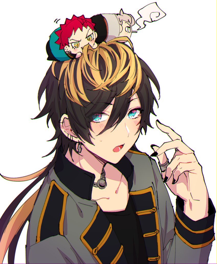 3boys, aimono_jyushi, amaguni_hitoya, aqua_eyes, bad_ass_temple, biting, biting_another's_hand, black_hair, black_nails, blonde_streaks, chain, chain_necklace, chibi, ear_piercing, earrings, fujisaki_(ofuton_division), gradient_eyes, grey_jacket, hair_between_eyes, harai_kuko, hypnosis_mic, jacket, jewelry, light_blush, long_hair, looking_at_viewer, male_focus, multicolored_eyes, multicolored_hair, multiple_boys, necklace, open_mouth, piercing, pink_eyes, portrait, red_hair, ring, two-tone_hair, yellow_eyes, yellow_trim