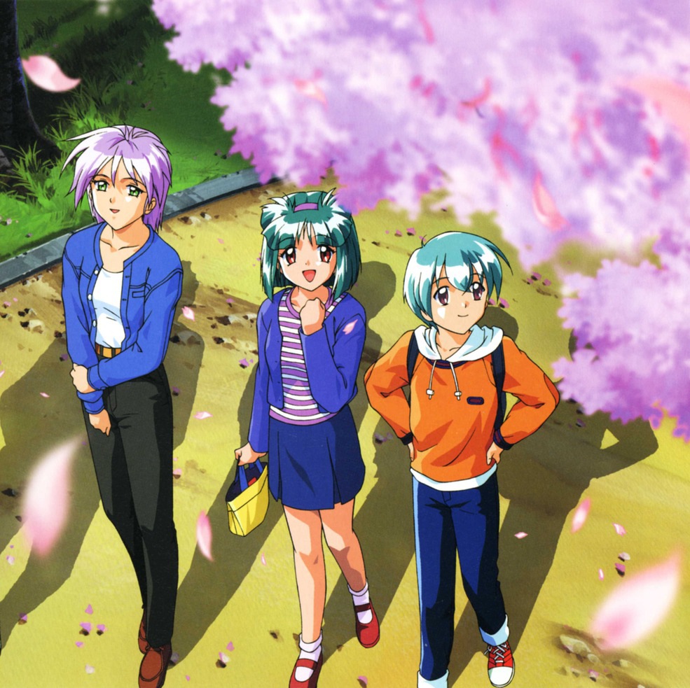1990s_(style), 1boy, 2girls, blue_hair, blue_skirt, brown_eyes, cherry_blossoms, coat, full_body, grass, green_eyes, green_hair, hairband, hands_on_own_hips, kokura_masashi, multiple_girls, official_art, pants, petals, purple_hair, retro_artstyle, sakura_kaedeko, scan, shoes, short_hair, skirt, smile, socks, takumi_sakaki, tokimeki_memorial, tokimeki_memorial_2, yae_kaori
