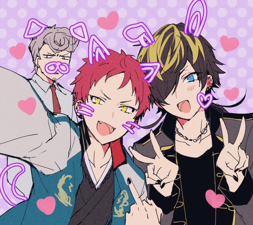 3boys, :d, aimono_jyushi, amaguni_hitoya, bad_ass_temple, black_hair, black_nails, blonde_streaks