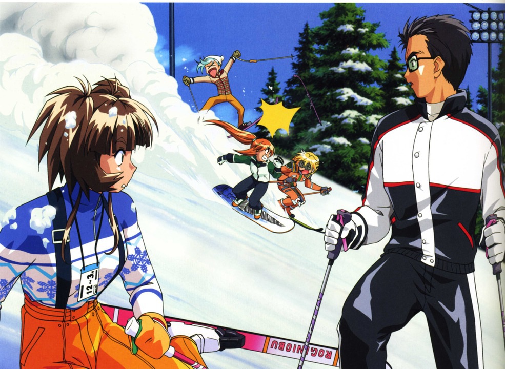 1990s_(style), 2boys, 3girls, akai_homura, angry, black_hair, blonde_hair, blue_hair