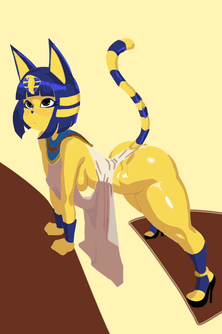1girl, alternate_costume, animal_crossing, ankha_(animal_crossing), ass, blue_hair, breasts, dress, dumbwitchyy, from_above, from_side, full_body, furry, furry_female, high_heels, highres, leaning_forward, looking_up, medium_breasts, nintendo, sideboob, solo, striped_tail, tail, thick_thighs, thighs, uraeus, usekh_collar, yellow_background