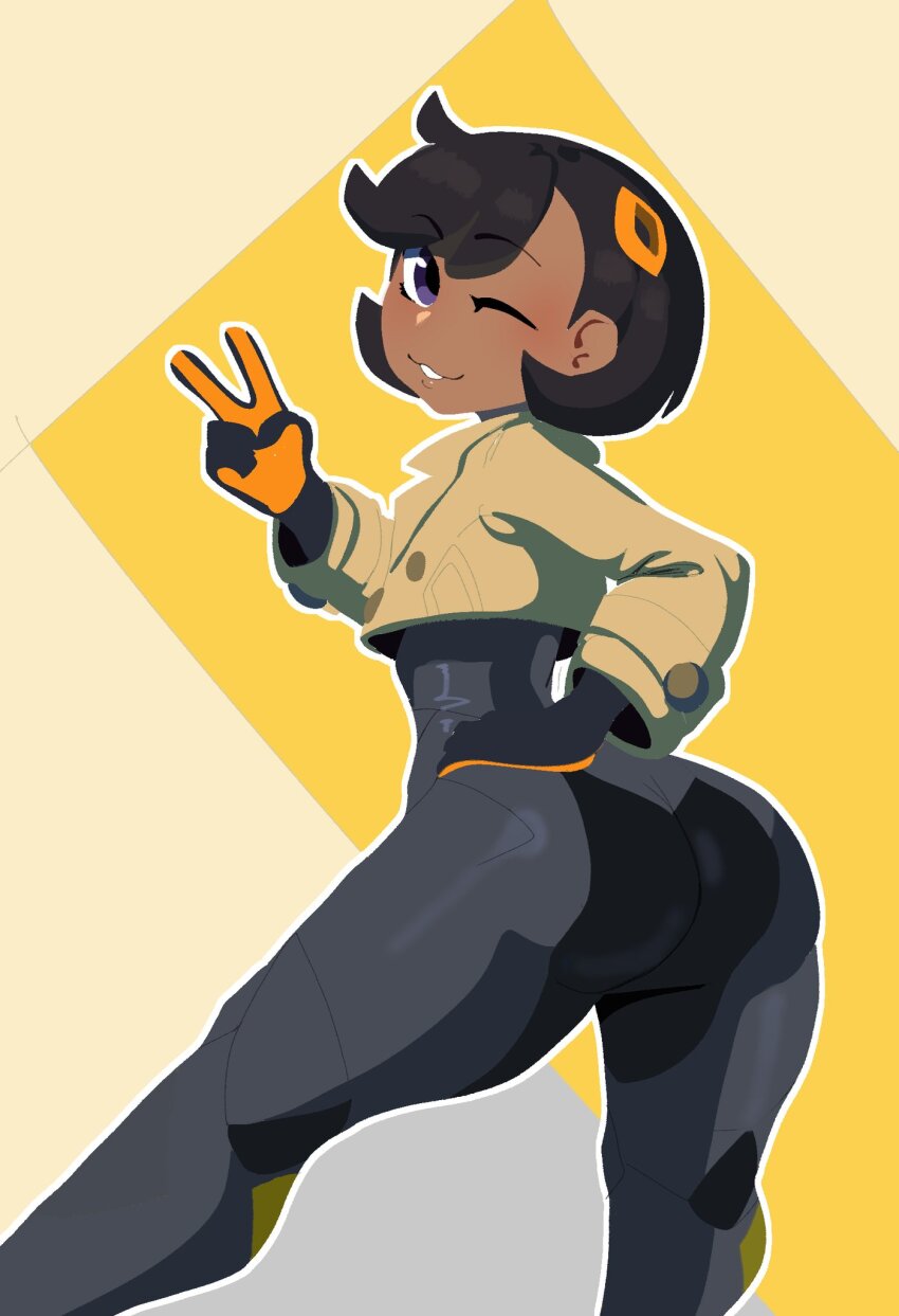 1girl, :3, ass, black_bodysuit, black_hair, blush, bodysuit, bodysuit_under_clothes, dumbwitchyy, emma_(pokemon), hand_on_own_hip, highres, huge_ass, jacket, looking_at_viewer, looking_back, medium_hair, nintendo, one_eye_closed, parted_lips, pokemon, pokemon_legends:_z-a, purple_eyes, smile, solo, thick_thighs, thighs, v, wide_hips