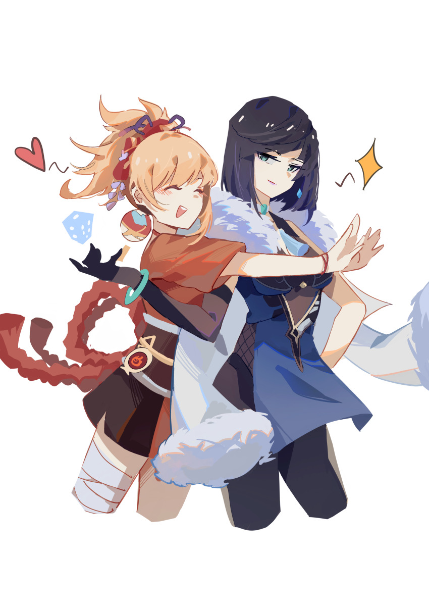 2girls, absurdres, arms_up, bandaged_leg, bandages, black_gloves, blue_hair, bracelet