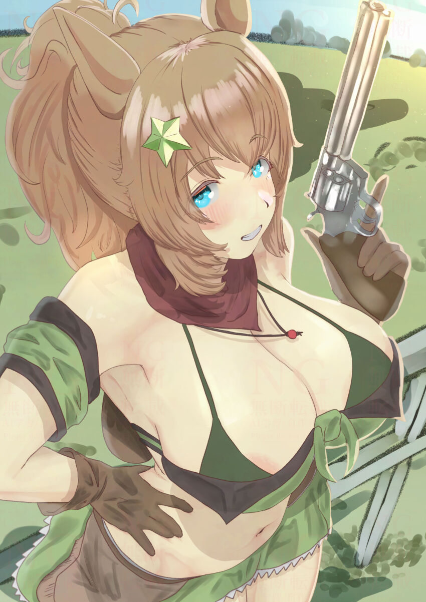 1girl, absurdres, animal_ears, armband, bandana, bare_shoulders, belt, blue_eyes