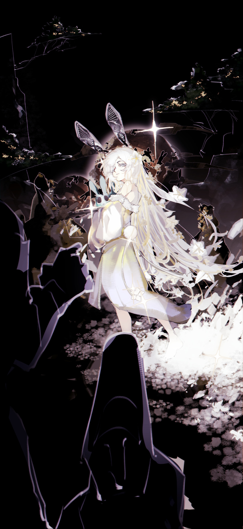 1girl, absurdres, alternate_costume, animal_ears, archivexviixxi, bare_shoulders, barefoot, creature