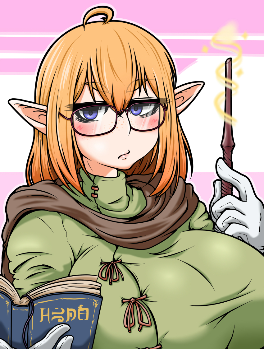 1girl, absurdres, ahoge, blonde_hair, blue_eyes, blush, book, breasts