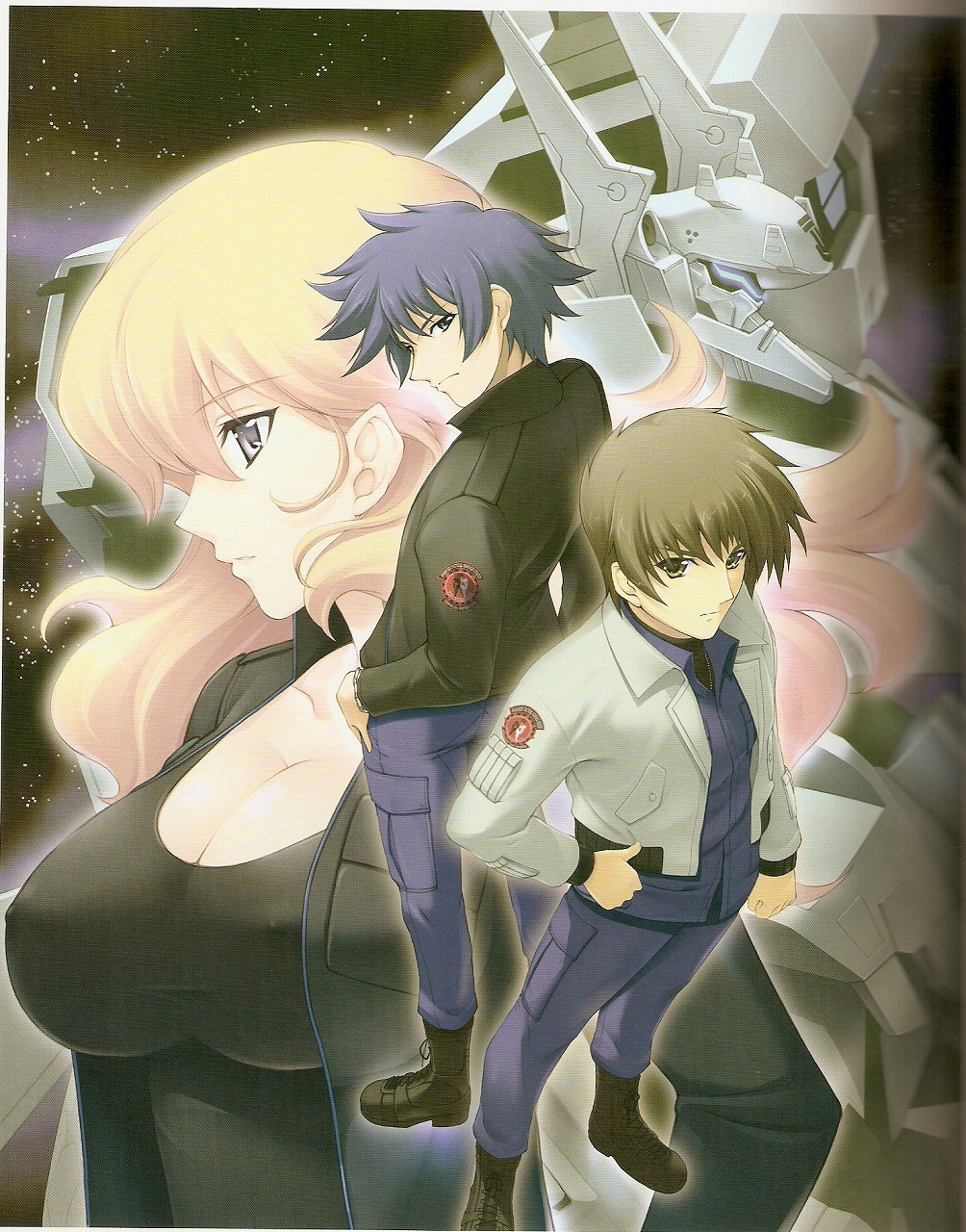 1girl, 2boys, blonde_hair, boots, breasts, cleavage, eclipse, highres, jacket, lace-up_boots, large_breasts, leon_kuze, long_hair, looking_back, macha, mecha, miyata_sou, multiple_boys, muv-luv, muv-luv_alternative, no_bra, purple_hair, robot, scan, sharon_heim, space, star_(sky), total, yuuya_bridges