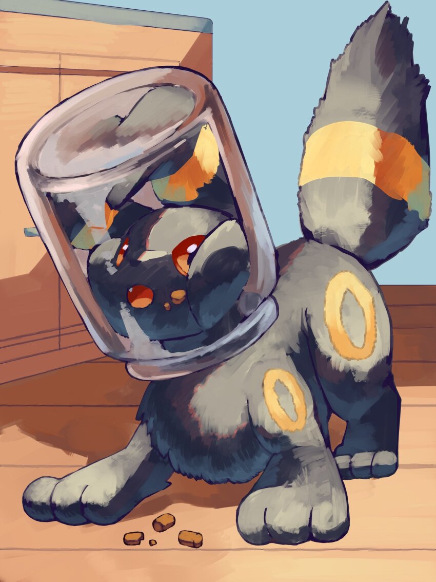 animal_focus, black_fur, colored_sclera, crumbs, gen_2_pokemon, head_in_jar, highres, jar