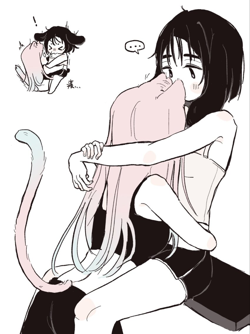 !, >_<, ..., 2girls, alien_stage, animal_ears, black_bra, black_hair