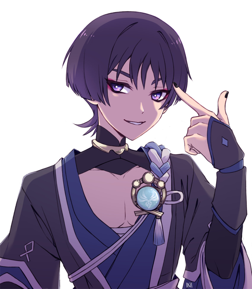 1boy, black_hair, black_nails, eyeliner, eyeshadow, genshin_impact, grin, highres