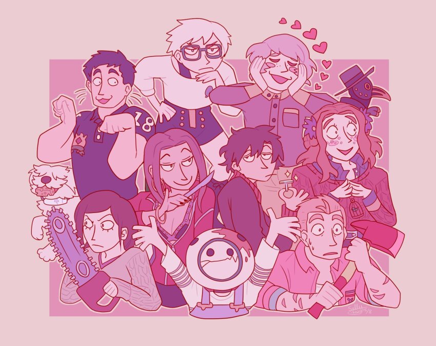 1other, 4girls, 5boys, :3, arms_up, axe, black_hair, blonde_hair