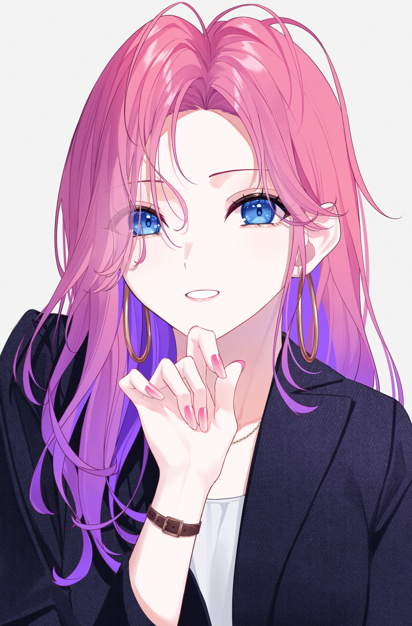 1girl, absurdres, alternate_costume, alternate_hairstyle, black_suit, blue_eyes, brown_strap, colored_inner_hair