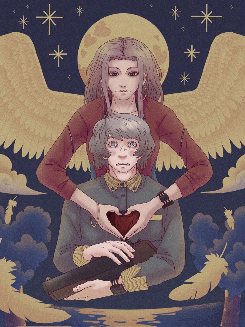 1boy, 1girl, angel_wings, blue_eyes, brown_hair, buttons, closed_mouth, cloud, collared_shirt, commentary, english_commentary, eric_(kyokugen_dasshutsu), feathered_wings, feathers, fingernails, full_moon, gun, heart, heart_(organ), highres, holding, holding_gun, holding_weapon, kyokugen_dasshutsu, long_hair, long_sleeves, mira_(kyokugen_dasshutsu), moon, open_mouth, sagutoyas, shirt, shotgun, smile, spoilers, teeth, tree, upper_teeth_only, watch, water, weapon, wings, wristwatch, zero_escape:_toki_no_dilemma