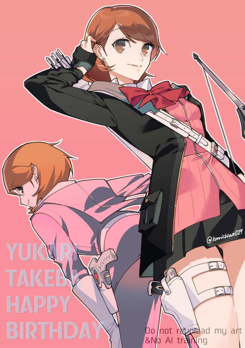 2girls, absurdres, adjusting_hair, archery_shooting_glove, arrow_(projectile), back-to-back, belt, birthday