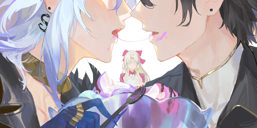 1boy, 2girls, absurdres, after_kiss, black_hair, blue_nails, bow, carlotta_(wuthering_waves)